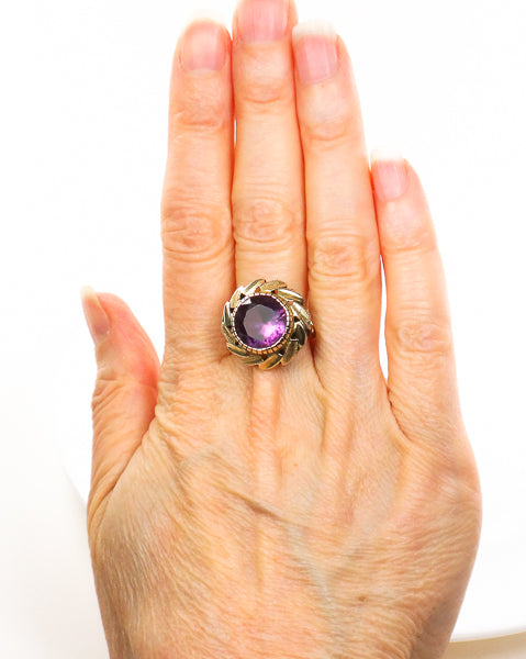 Vintage 14k Yellow Gold Round Purple Sapphire Ring with Floral Design