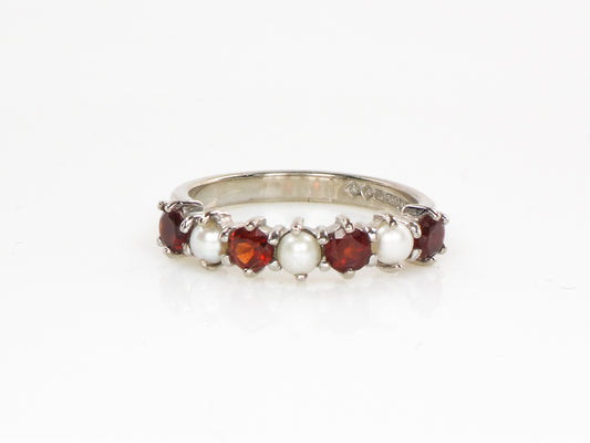 Vintage 14k White Gold Garnet and Pearl Ring with English Hallmarks, Wedding Band, Stacking Ring