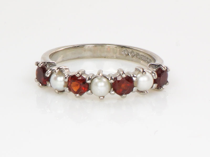 Vintage 14k White Gold Garnet and Pearl Ring with English Hallmarks, Wedding Band, Stacking Ring