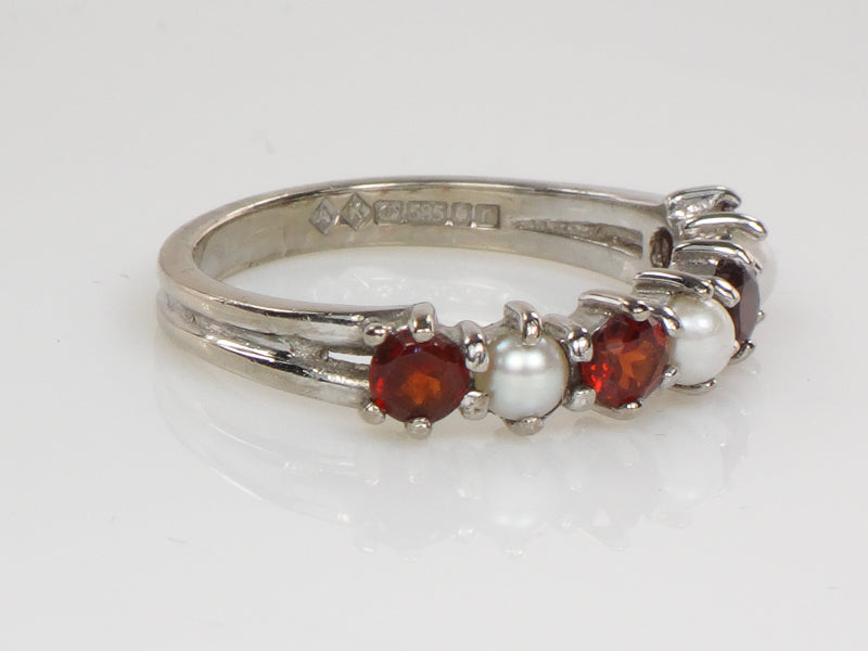 Vintage 14k White Gold Garnet and Pearl Ring with English Hallmarks, Wedding Band, Stacking Ring