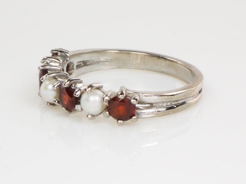 Vintage 14k White Gold Garnet and Pearl Ring with English Hallmarks, Wedding Band, Stacking Ring