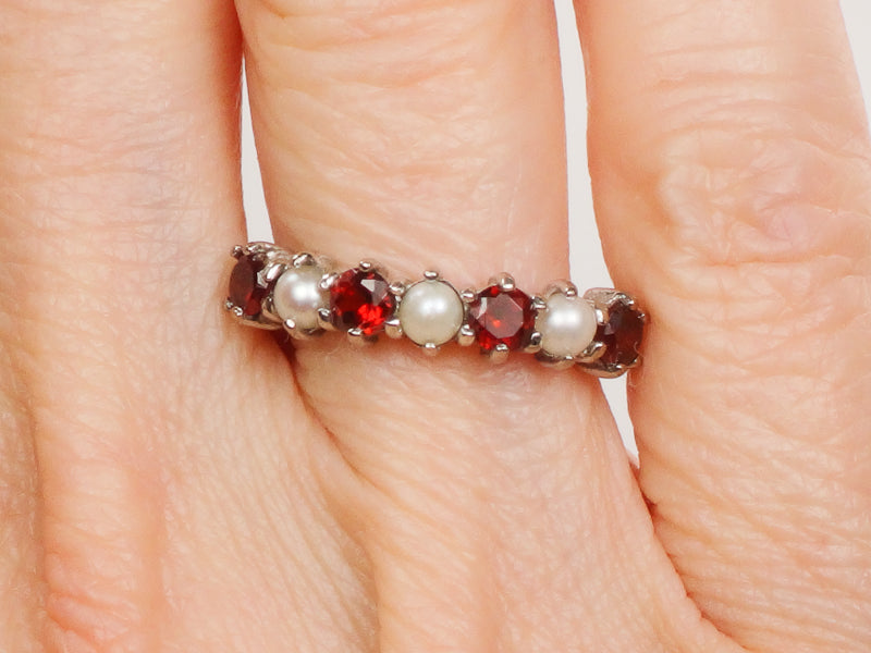 Vintage 14k White Gold Garnet and Pearl Ring with English Hallmarks, Wedding Band, Stacking Ring