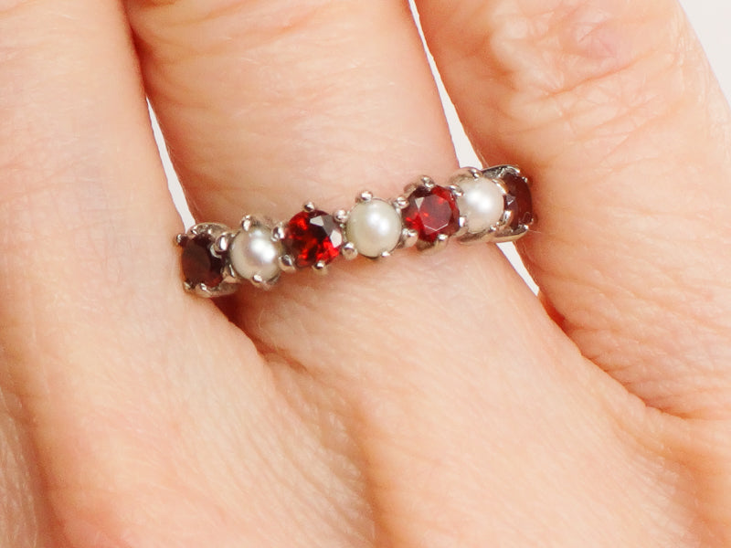 Vintage 14k White Gold Garnet and Pearl Ring with English Hallmarks, Wedding Band, Stacking Ring