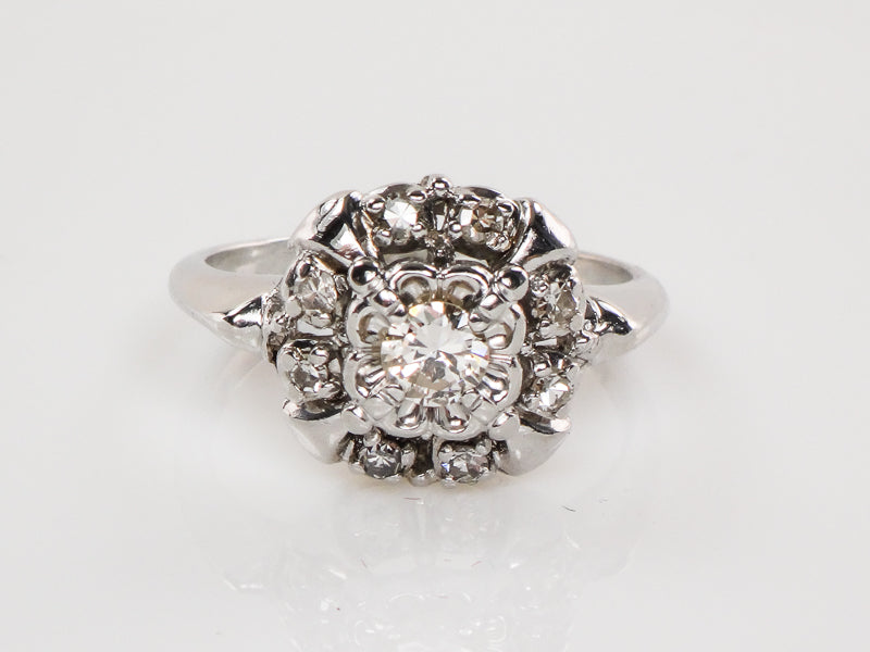 Vintage 14k White Gold Diamond Halo Engagement Ring, Approx 1/3 Carat TDW Diamond Cluster Ring