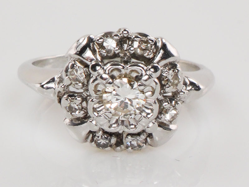 Vintage 14k White Gold Diamond Halo Engagement Ring, Approx 1/3 Carat TDW Diamond Cluster Ring