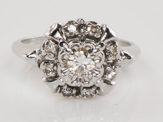 Vintage 14k White Gold Diamond Halo Engagement Ring, Approx 1/3 Carat TDW Diamond Cluster Ring