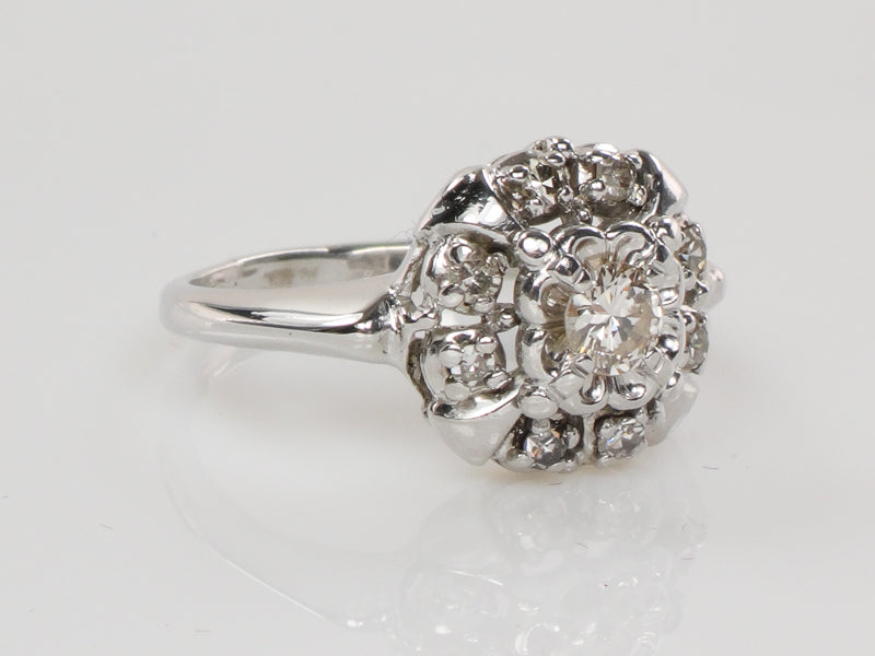 Vintage 14k White Gold Diamond Halo Engagement Ring, Approx 1/3 Carat TDW Diamond Cluster Ring