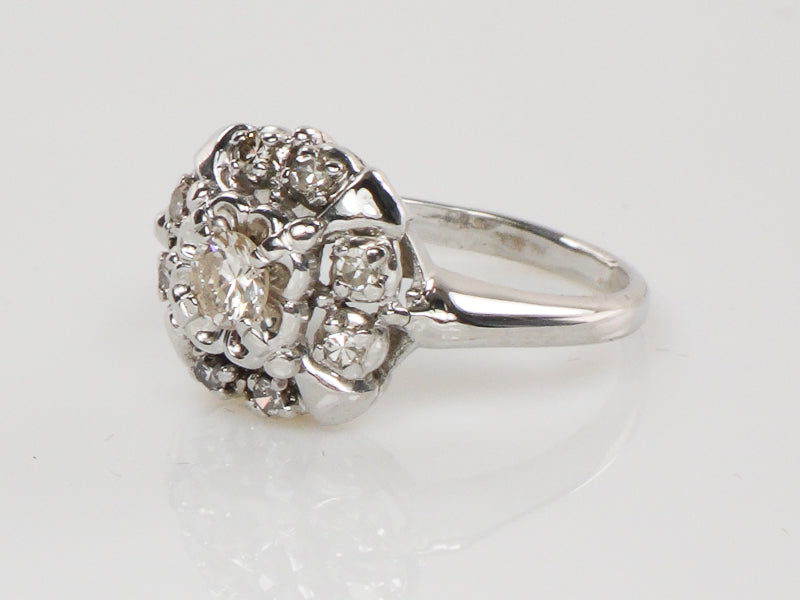 Vintage 14k White Gold Diamond Halo Engagement Ring, Approx 1/3 Carat TDW Diamond Cluster Ring