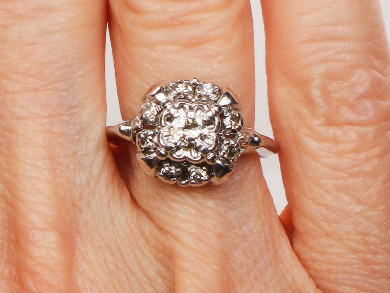 Vintage 14k White Gold Diamond Halo Engagement Ring, Approx 1/3 Carat TDW Diamond Cluster Ring