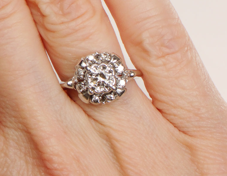 Vintage 14k White Gold Diamond Halo Engagement Ring, Approx 1/3 Carat TDW Diamond Cluster Ring