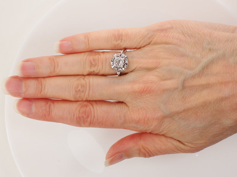 Vintage 14k White Gold Diamond Halo Engagement Ring, Approx 1/3 Carat TDW Diamond Cluster Ring