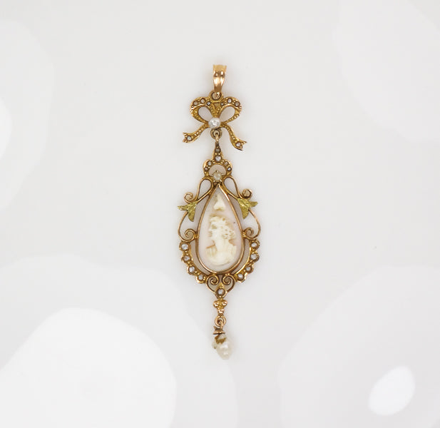 Vintage Art Nouveau 14k Gold Cameo and Pearl Bow Lavalier Pendant