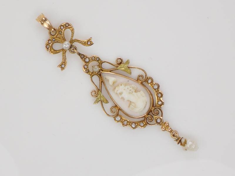 Vintage Art Nouveau 14k Gold Cameo and Pearl Bow Lavalier Pendant