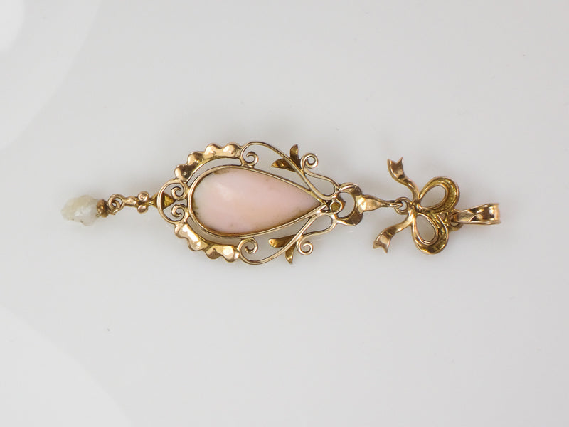 Vintage Art Nouveau 14k Gold Cameo and Pearl Bow Lavalier Pendant