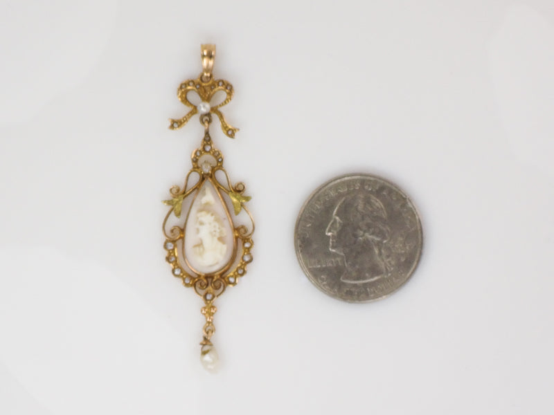 Vintage Art Nouveau 14k Gold Cameo and Pearl Bow Lavalier Pendant