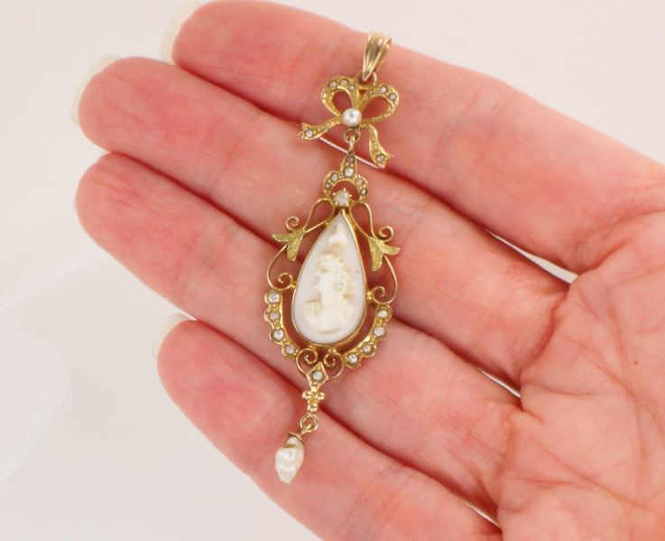 Vintage Art Nouveau 14k Gold Cameo and Pearl Bow Lavalier Pendant