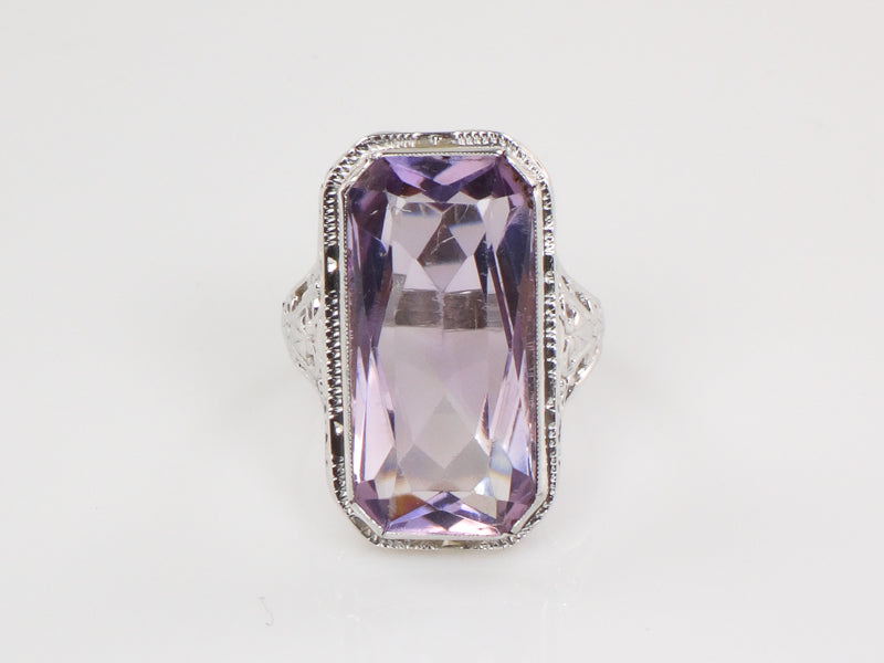 Vintage Art Deco Style 14k White Gold Rectangle Cut Amethyst Filigree Ring