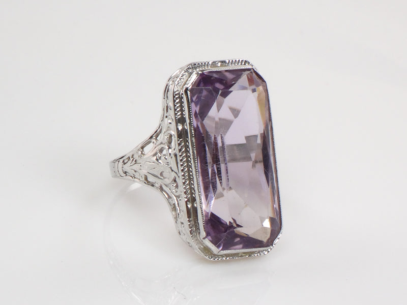 Vintage Art Deco Style 14k White Gold Rectangle Cut Amethyst Filigree Ring