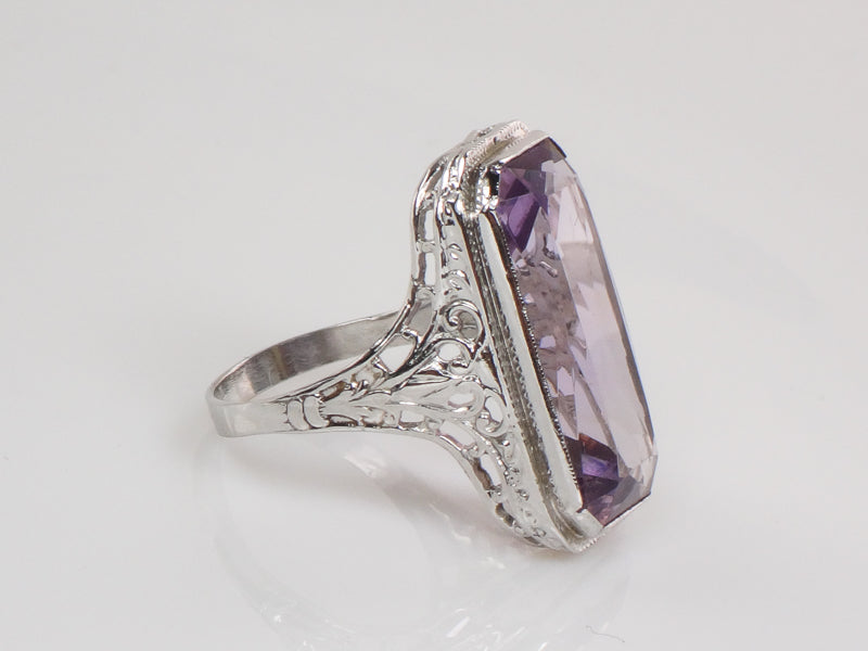 Vintage Art Deco Style 14k White Gold Rectangle Cut Amethyst Filigree Ring