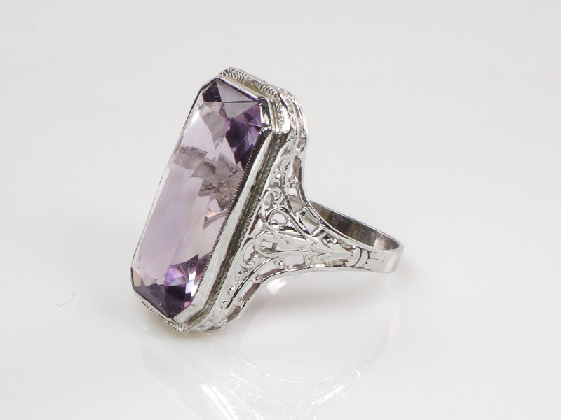 Vintage Art Deco Style 14k White Gold Rectangle Cut Amethyst Filigree Ring