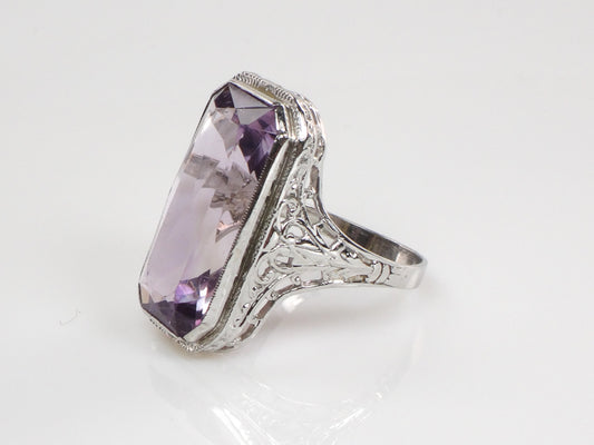 Vintage Art Deco Style 14k White Gold Rectangle Cut Amethyst Filigree Ring