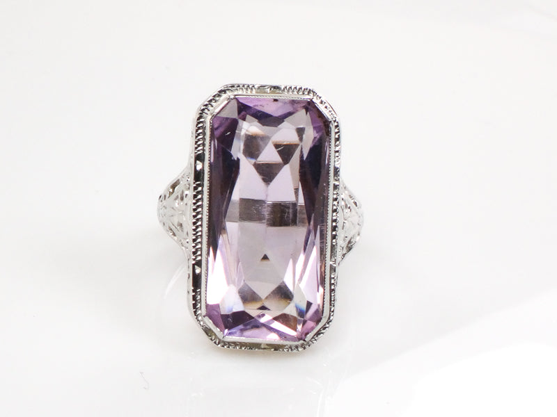 Vintage Art Deco Style 14k White Gold Rectangle Cut Amethyst Filigree Ring