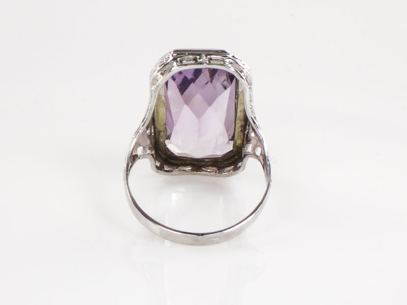 Vintage Art Deco Style 14k White Gold Rectangle Cut Amethyst Filigree Ring