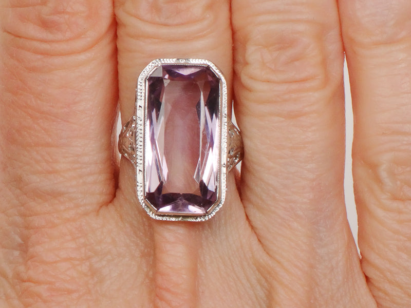 Vintage Art Deco Style 14k White Gold Rectangle Cut Amethyst Filigree Ring