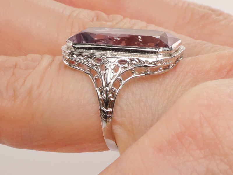 Vintage Art Deco Style 14k White Gold Rectangle Cut Amethyst Filigree Ring