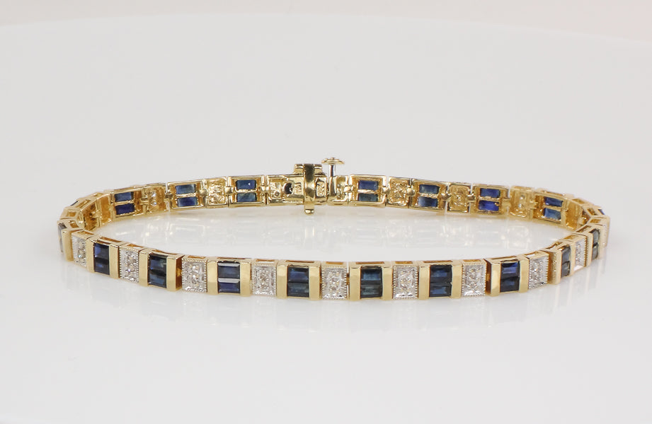 Vintage 14k Two Tone Gold Natural Blue Sapphire and Diamond Bracelet 7 1/4"