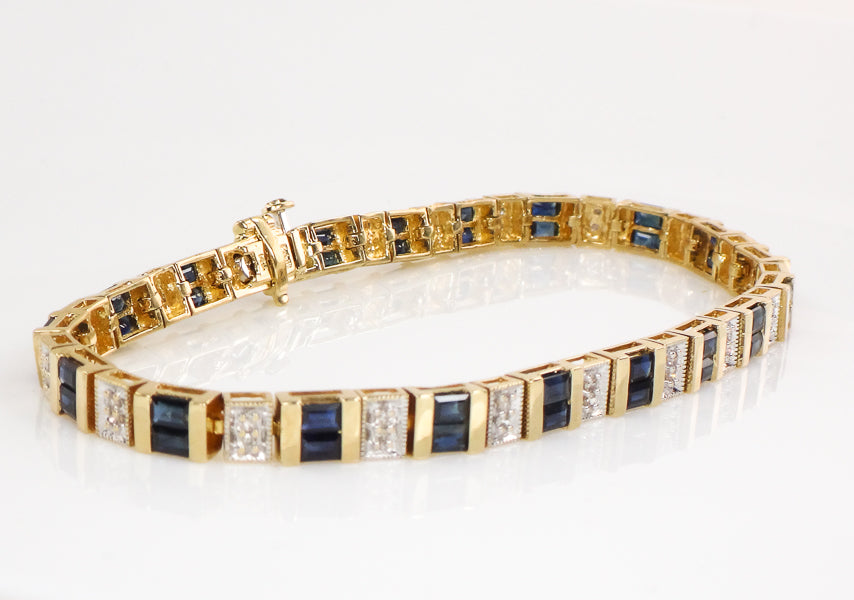 Vintage 14k Two Tone Gold Natural Blue Sapphire and Diamond Bracelet 7 1/4"