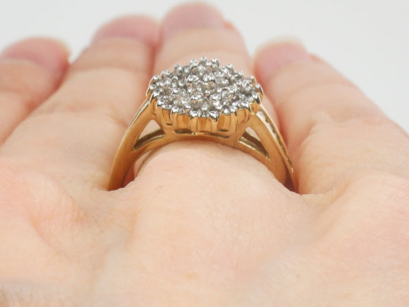 Vintage 10k Two Tone Gold Natural Diamond Round Cluster Ring, Engagement Ring, Size 6.75