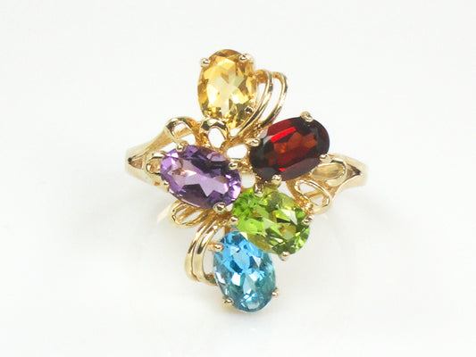 Vintage 10k Multi Color Gemstone Ring with Natural Garnet Peridot Topaz Amethyst and Citrine Size 9.5
