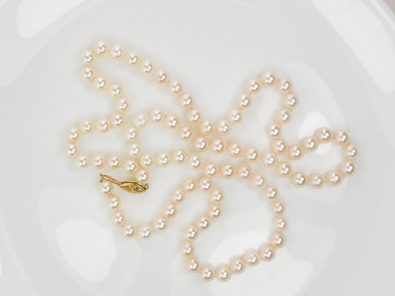 Vintage 14k Yellow Gold Cultured Pearl Necklace, 6.0 - 6.4 mm Strand of Pearls, Bridal Necklace 24"