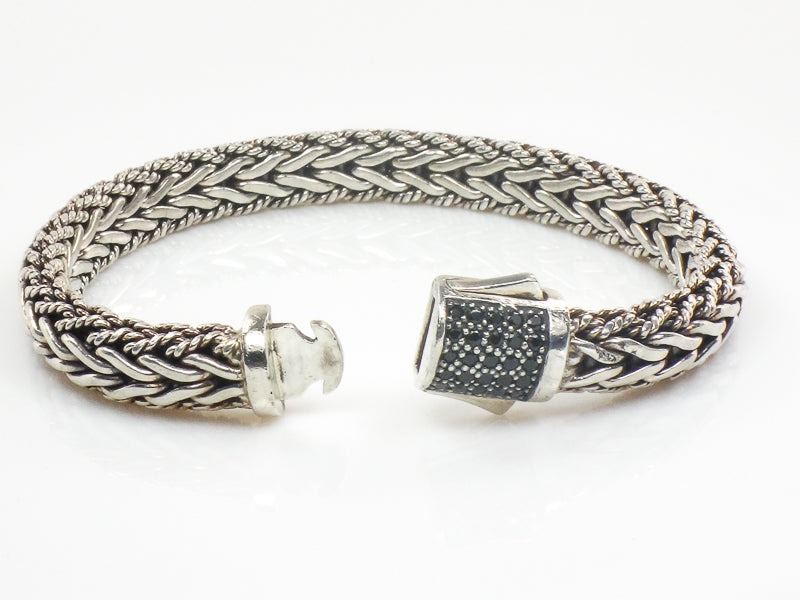 Phillip Gavriel Sterling Silver Half Round Woven Chain Black Sapphire Bracelet 7.5" (Pre-Owned)