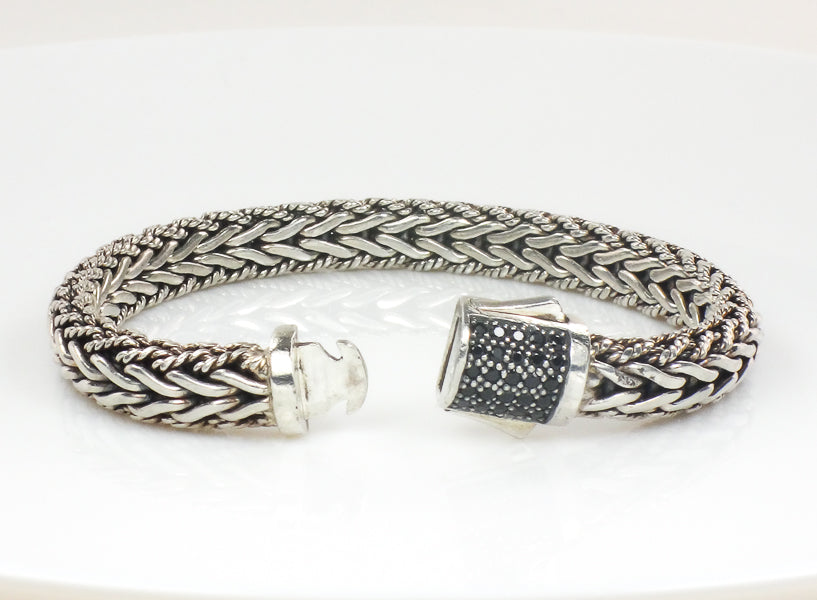 Phillip Gavriel Sterling Silver Half Round Woven Chain Black Sapphire Bracelet 7.5" (Pre-Owned)