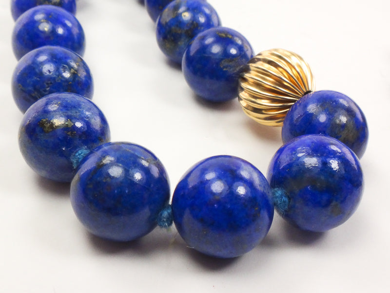 Vintage Long 10k Yellow Gold and Lapis Lazuli Bead Necklace 10 MM 27"