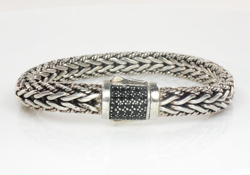 Phillip Gavriel Sterling Silver Half Round Woven Chain Black Sapphire Bracelet 7.5" (Pre-Owned)