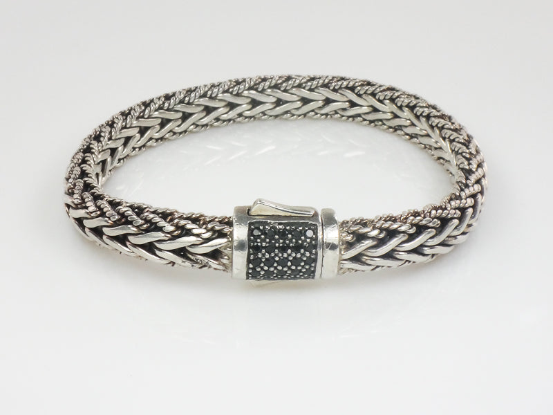 Phillip Gavriel Sterling Silver Half Round Woven Chain Black Sapphire Bracelet 7.5" (Pre-Owned)