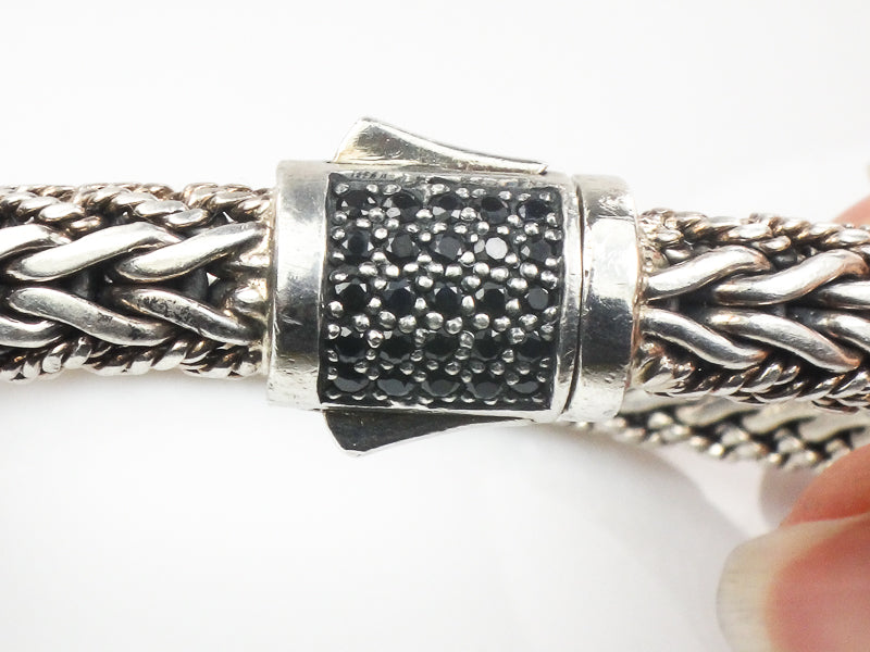 Phillip Gavriel Sterling Silver Half Round Woven Chain Black Sapphire Bracelet 7.5" (Pre-Owned)