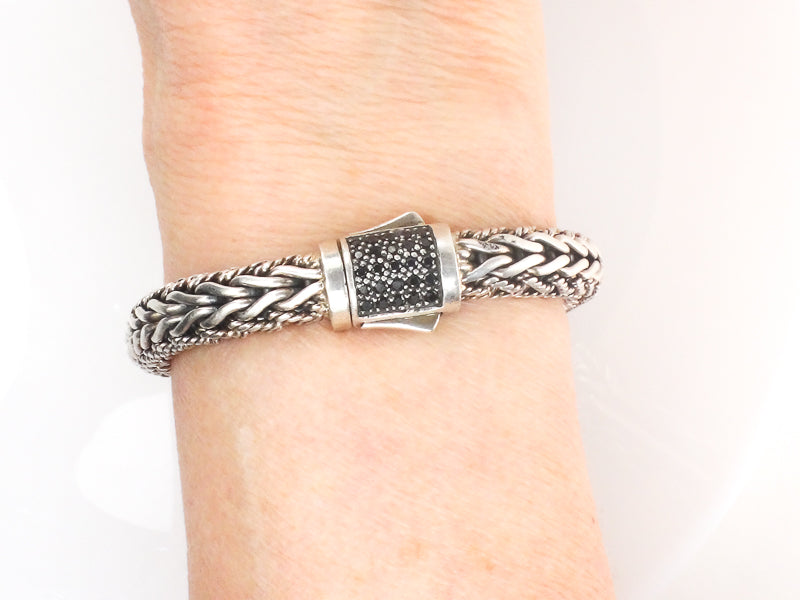 Phillip Gavriel Sterling Silver Half Round Woven Chain Black Sapphire Bracelet 7.5" (Pre-Owned)