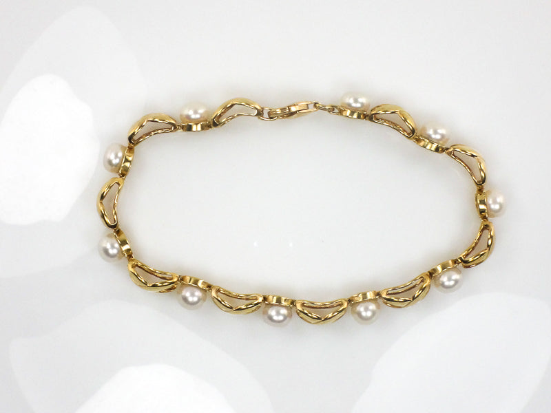 Vintage 14k Yellow Gold Pearl Bracelet, Hugs and Kisses Pearl Bridal Bracelet, June Birthstone Bracelet 7.5"