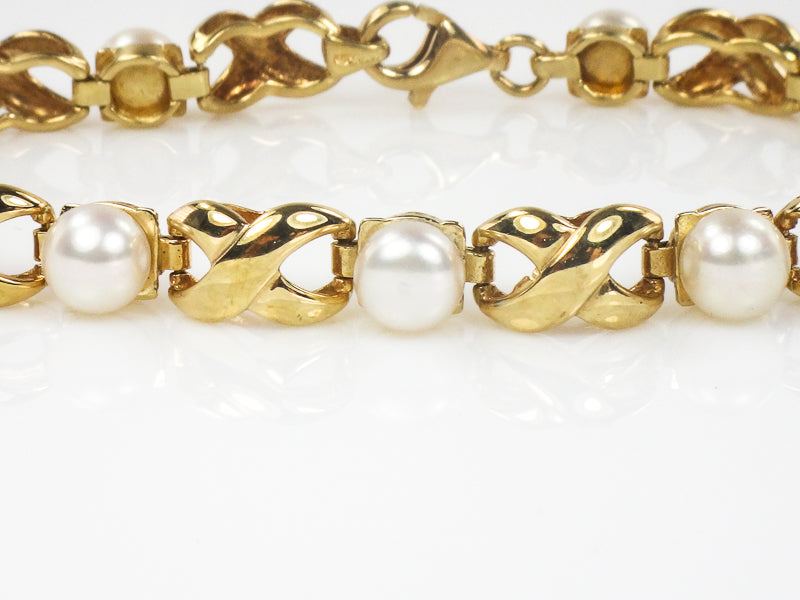 Vintage 14k Yellow Gold Pearl Bracelet, Hugs and Kisses Pearl Bridal Bracelet, June Birthstone Bracelet 7.5"