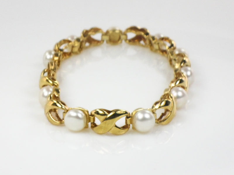 Vintage 14k Yellow Gold Pearl Bracelet, Hugs and Kisses Pearl Bridal Bracelet, June Birthstone Bracelet 7.5"