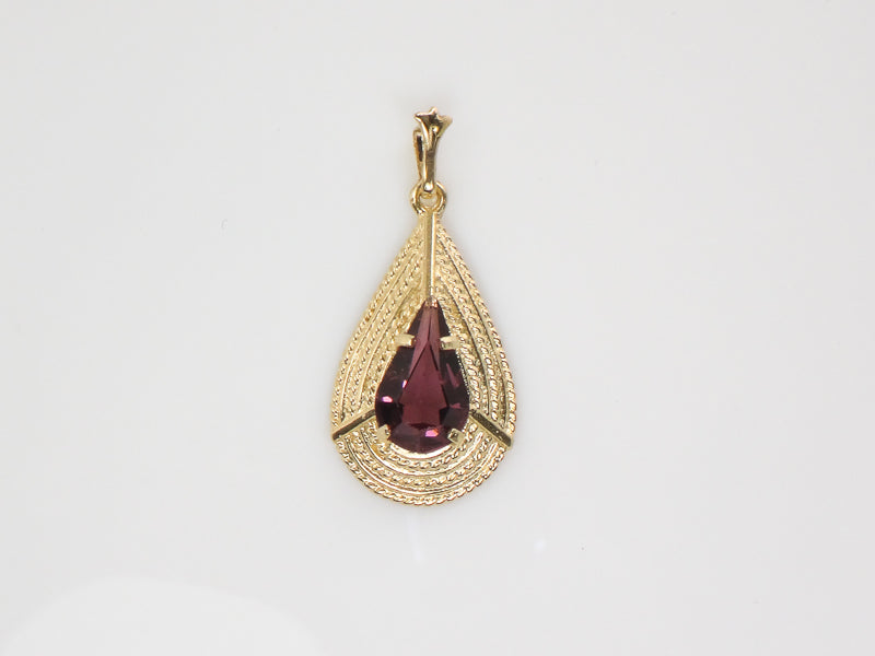 Vintage 14k Yellow Gold Purple Glass Teardrop Shaped Pendant Circa 1970's