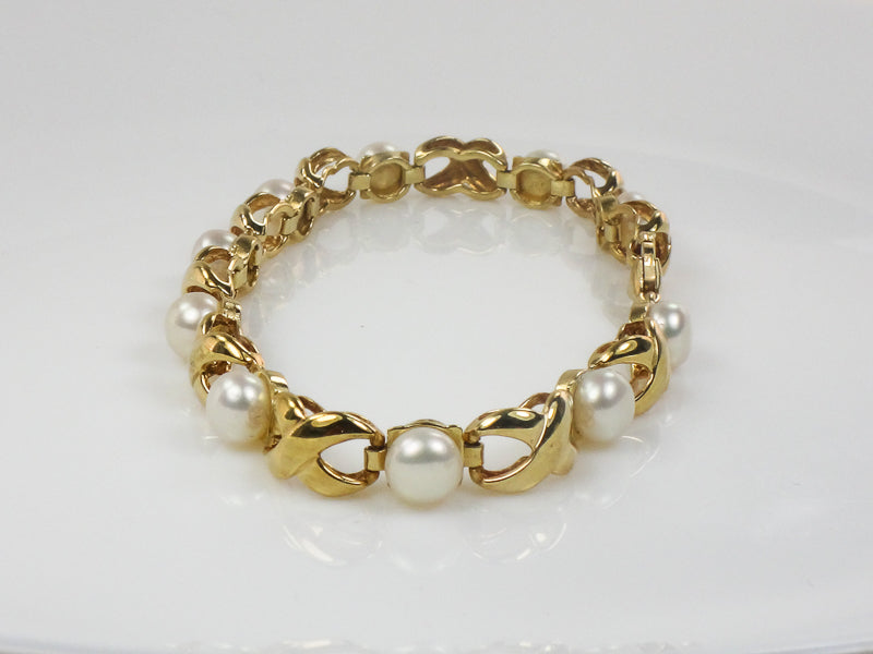 Vintage 14k Yellow Gold Pearl Bracelet, Hugs and Kisses Pearl Bridal Bracelet, June Birthstone Bracelet 7.5"