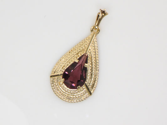 Vintage 14k Yellow Gold Purple Glass Teardrop Shaped Pendant Circa 1970's