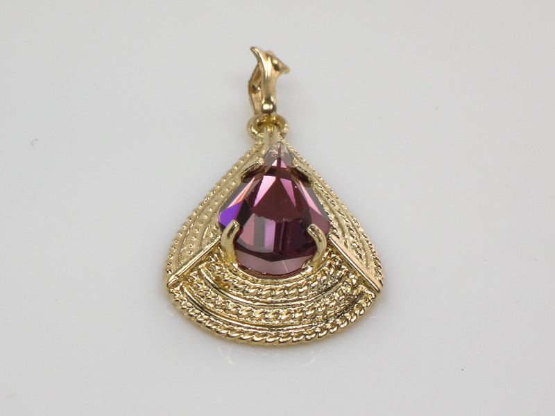 Vintage 14k Yellow Gold Purple Glass Teardrop Shaped Pendant Circa 1970's