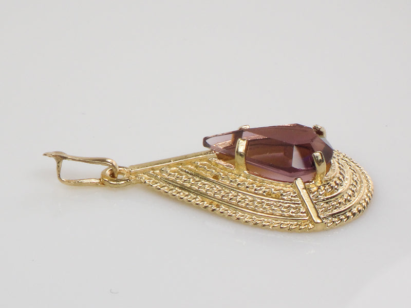 Vintage 14k Yellow Gold Purple Glass Teardrop Shaped Pendant Circa 1970's