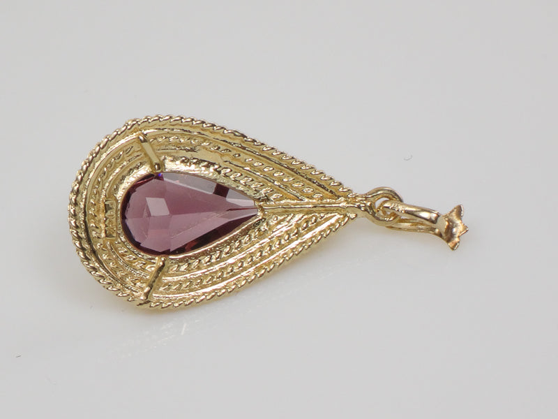 Vintage 14k Yellow Gold Purple Glass Teardrop Shaped Pendant Circa 1970's